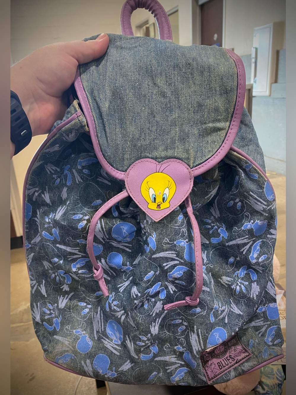Y2K Tweety Bird Denim Knapsack Backpack Looney Toons